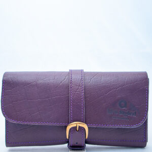 Ladies' leather purse in purple showing decorative and functional buckle