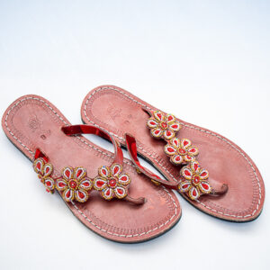 Brown leather handmade sandals with red, gold and white beads