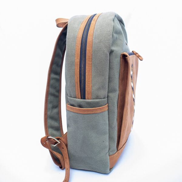 Side view of whole bag pack showing side pocket and leather finishing