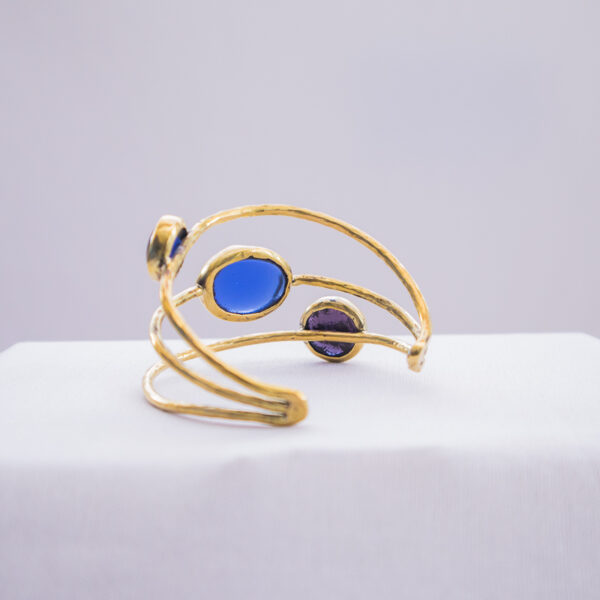 Back view of the handcrafted blue glass beaded brass bracelet, made in Kenya