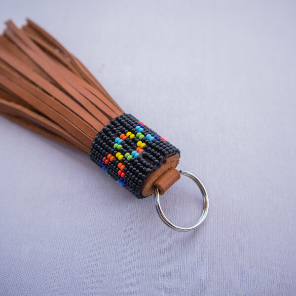 Black handmade leather tassle keychain with beaded design