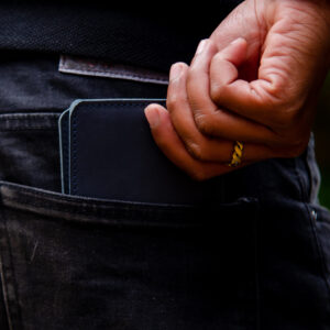 Closer view of the men's leather wallet in navy blue.