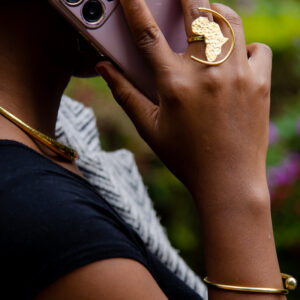 Adjustable Afrostyled statement ring with a geometric arc and bold Africa map detail