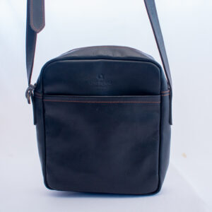 Black messenger bag crafted from leather with practical side pocket and long strap