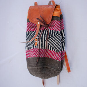 Handmade backpack made of thread and adjustable leather straps.