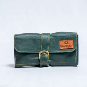 Dark green leather clutch wallet with buckle strap closure,Has compartments inside and a zip.