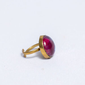 Handmade maroon recycled glass beaded ring with brass accents for a bold look.