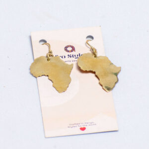 Handmade brass earrings shaped like the African continent.