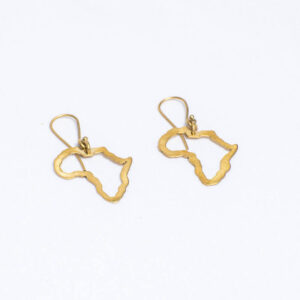 Brass earrings shaped like the African continent with hook attachments.
