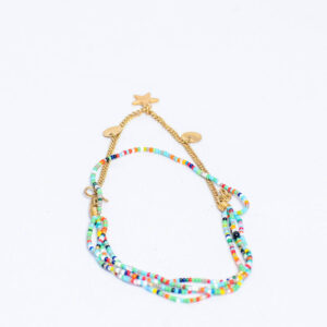Handmade anklet with multicolored beads.Has a brass accent and a star charm.
