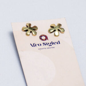 Five-petal brass flower earrings with rounded edges and metallic finish.