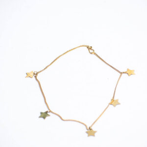 Delicate brass chain with five metallic star charms and a brass hook,