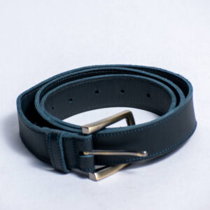 Navy blue leather belt handcrafted in Africa with polished buckle