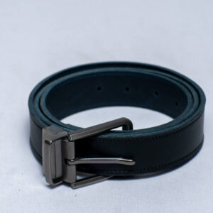 Double-sided leather belt ,featuring black and blue sides with a metallic buckle that switches sides to match your mood.