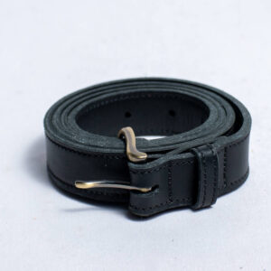 Black leather belt handcrafted in Africa with polished buckle