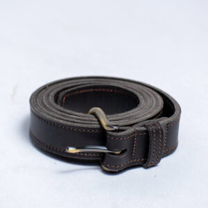 Chocolate brown leather belt with visible well stitching and a metallic buckle.