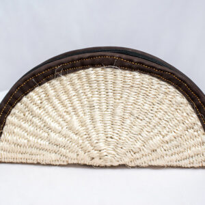 Semicircular woven purse with white sisal centre and dark leather border.Also has a zip.