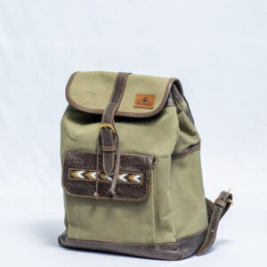 Green canvas backpack with leather accents,buckle strap,front leather pocket with patterned bead detail and adjustable shoulder straps.