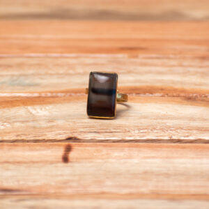 Handcrafted adjustable brass statement ring featuring a polished rectangular horn inlay with natural dark brown and black banding.