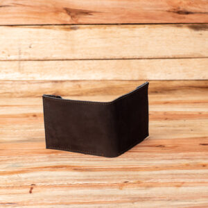 An exterior view of an open bifold wallet made of smooth, dark brown genuine leather with fine perimeter accent stitching.