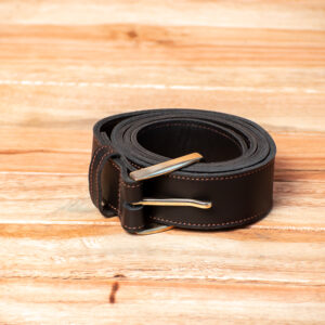 A rolled genuine dark brown leather belt featuring contrasting lighter brown stitching along its top and bottom edges, secured with a polished gold-tone metal buckle and prong.