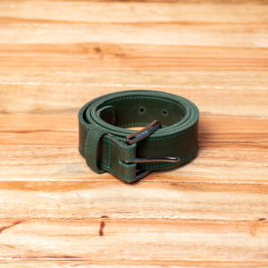 A coiled genuine forest green leather belt featuring bright green border stitching and a polished silver-tone metal buckle.