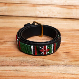 A handcrafted leather belt adorned with vibrant black, red, green, and white Kenyan flag beaded patterns and a brass buckle.