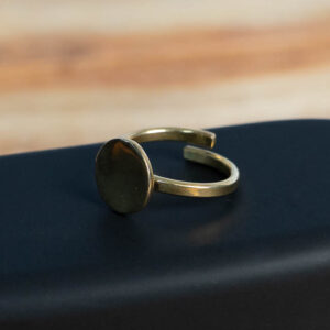 A gold-tone brass adjustable ring featuring a smooth flat circular disc top.